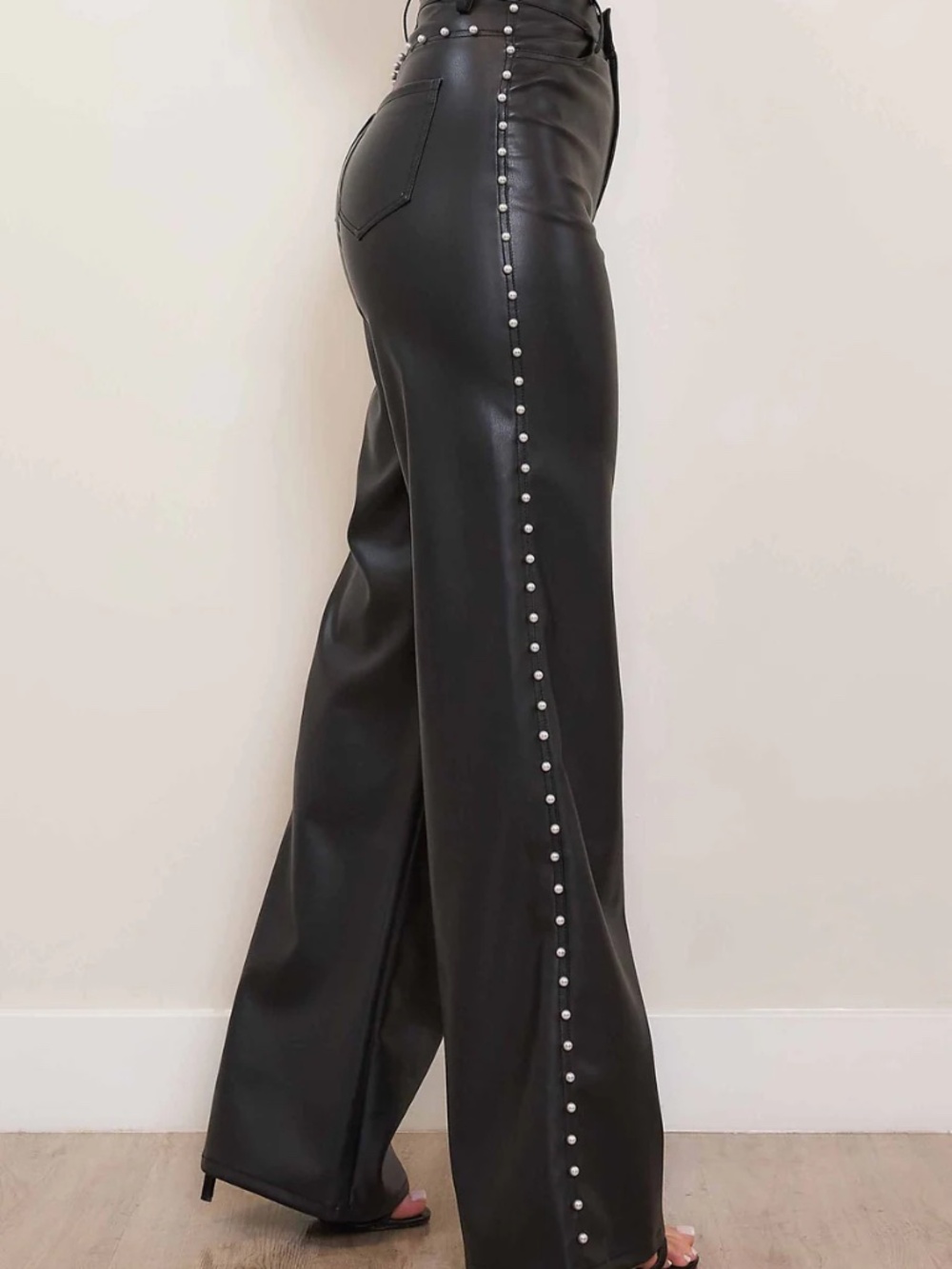 Vibrant MIU Vegan Leather Pearl Trim Pants